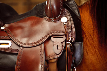 Close up of horses saddle