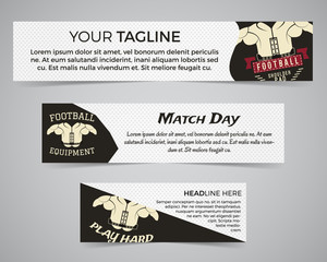 Set of American football banner template with soccer logo, label and badge. Stylish bright identity design. Best for sport magazines on web or print. Usa sports elements, paddle, typography. Vector