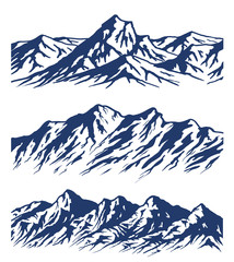 Set of Mountain range silhouettes isolated on white background. Blue vector illustration with copy-space.