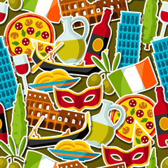 Italy seamless pattern. Italian sticker symbols and objects