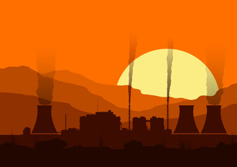Silhouette of a nuclear power plant with lights at sunset in mountains. Vector illustration. 