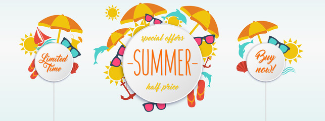 Summer sales, special offers banner with summer icons
