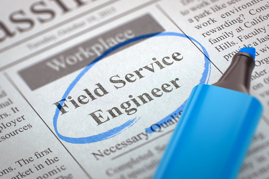 Newspaper with Vacancy Field Service Engineer. Blurred Image with Selective focus. Concept of Recruitment. 3D Illustration.