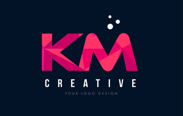 KM K M Letter Logo with Purple Low Poly Pink Triangles Concept