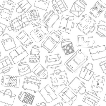 Vector illustration seamless background pattern big set of bags. Luggage, women's bags, briefcases and backpacks icon. Coloring book