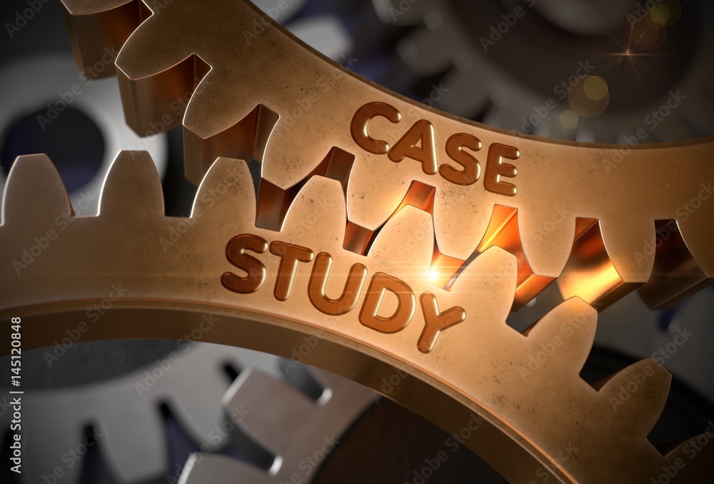 Poster case study on mechanism of golden cogwheels. case study on mechanism of golden metallic gears with g