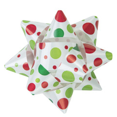 Red and green polka dot white bow isolated on white