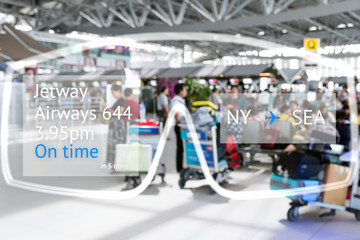 Augmented reality marketing and smart AR glasses concept. Customer using AR  application to monitoring and check airline flight. Blur Airport background 