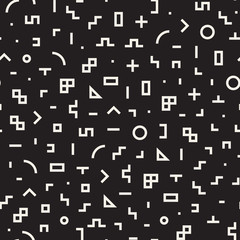 Scattered Geometric Shapes. Inspired by Memphis Style. Abstract Background Design. Vector Seamless Black and White Irregular Pattern.