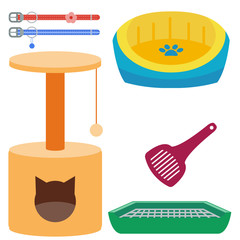 Colorful cat accessory cute vector animal icons pet equipment food domestic feline illustration.