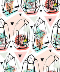 Hand drawn vector abstract seamless pattern with rough terrarium and succulent plants in pastel colors isolated on white bakground.Design for decoration,fashion,fabric,save the date
