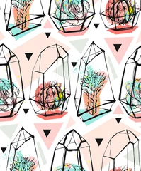 Wallpaper murals Terrarium plants Hand drawn vector abstract seamless pattern with rough terrarium and succulent plants in pastel colors isolated on white bakground.Design for decoration,fashion,fabric,save the date