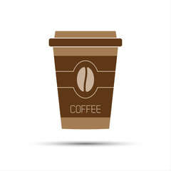 Simple icon paper cup of coffee with coffee bean isolated on white background, vector illustration