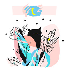 Panele Szklane  Ręcznie rysowane wektor streszczenie artystycznej sztuki kreatywnej ilustracja z czarnym ładny potwora w nocy bajki lasu w jasnych kolorach niebieskim i pastelowym na białym tle. Sztuka koncepcyjna dzikiej duszy.