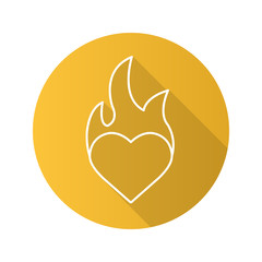 Burning heart flat linear long shadow icon