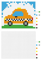 Coloring book with numbered squares. Kids coloring page, pixel coloring. Taxi car. Vector illustration