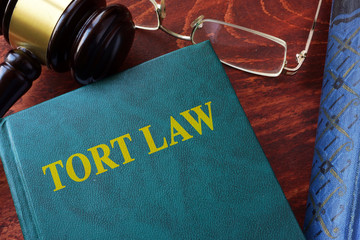 Tort law title on a book and gavel. - obrazy, fototapety, plakaty