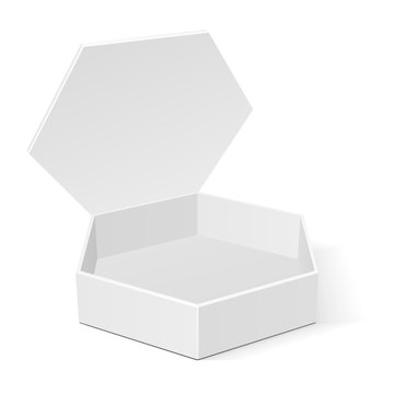 White Cardboard Hexagon Box Packaging For Food, Gift Or Other Products. Illustration Isolated On White Background. Mock Up Template Ready For Your Design. Product Packing Vector EPS10