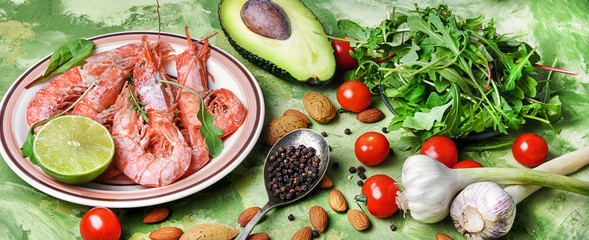 banner with large prawns and seasonal vegetables