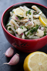 Closeup of calamari salad with red onion filling, selective focus, vertical shot