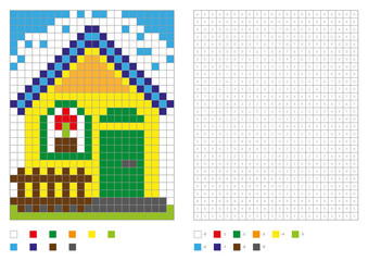 Coloring book with numbered squares. Kids coloring page, pixel coloring. Building, house. Vector illustration