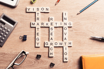 Conceptual business keywords on table with elements of game maki