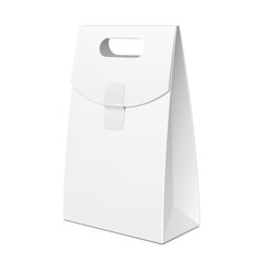 White Cardboard Carry Box Bag Packaging With Handles For Food, Gift Or Other Products. Illustration Isolated On White Background. Mock Up Template Ready For Your Design. Product Packing Vector EPS10