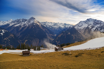 Beautiful tops of mountains and blue sky with clouds in Mayrhofen, the valley of the Zillertal....