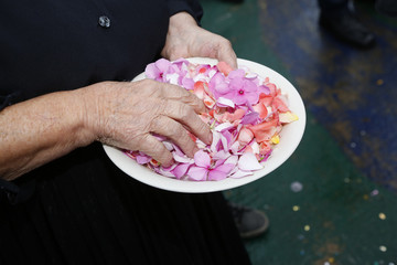 piatto tenuto da un amano da rompere in segno di buon augurio per gli sposi con dentro riso e petali colorati 