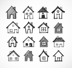 Doodle sketch houses on white background. Vector illustration.