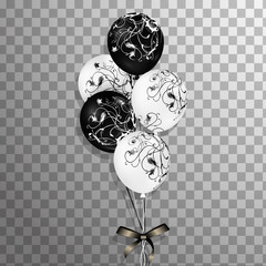 Bunch of black and white helium balloons with black bow isolated on transparent background. Frosted party balloon for event design. Party decorations for birthday, anniversary, celebration.