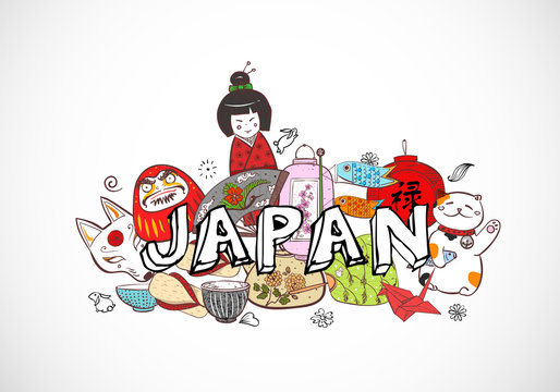 Japan colored doodle sketch elements. Symbols of Japan.