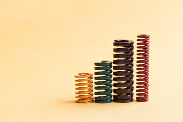 Iron spring set different hardness flexibility sizes. Colorful metallic spiral coil wires on yellow background.