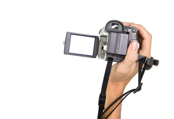 Male hand holding a camcorder camera with a cutout for photo isolated on white