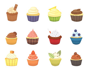 Set of cute vector cupcakes and muffins. Colorful cupcake isolated for food poster design.