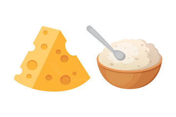 Fresh organic milk products set with cheese.