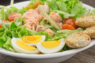 Fresh salad with tuna, eggs and tomatoes closeup