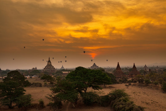 Myanmar in sunrise morning time at Old Bagan Mandalay Myanmar This ancient landscape beautiful landmark of Myanmar