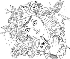 Векторное изображение красивая девушка с цветами и птицей. Раскраска для взрослых.