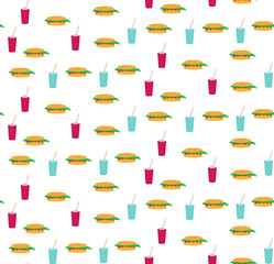 Pattern with lemonade and burgers on the white background