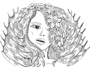 Векторное изображение красивая девушка ангел. Раскраска для взрослых.