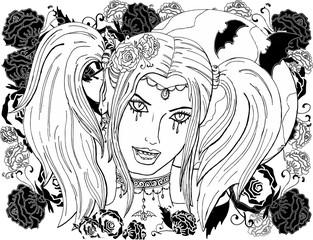 Векторное изображение красивая девушка вампир. Раскраска для взрослых.