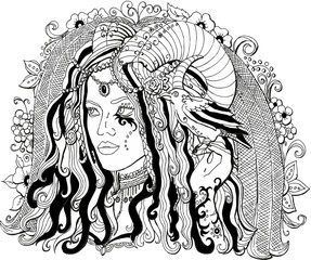 Векторное изображение красивая девушка демон. Раскраска для взрослых.
