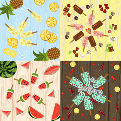 Set of Popsicles with berries and fruits on wooden background. Top view ice-cream vector illustration eps 10