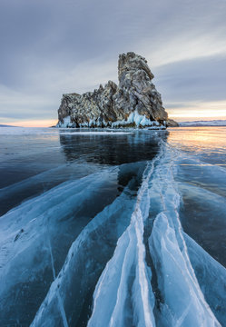 Frozen Lake Baikal near Ogoy island, Russia