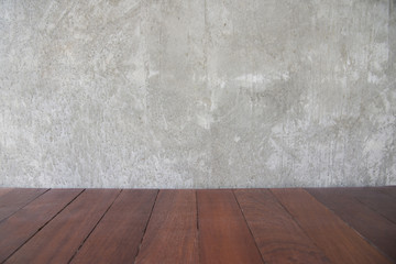 Cement concrete wall background for copy space and old brown wood retro floor pattern