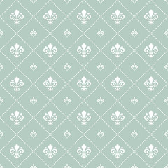 Seamless light blue and white ornament. Modern geometric pattern with royal lilies