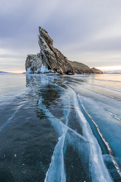 Frozen Lake Baikal near Ogoy island, Russia