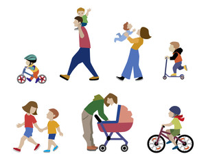A vector illustration of families, adults, children and baby in outdoors. People on the street in different activity situation - walking, cycling isolated on white background. Character set.