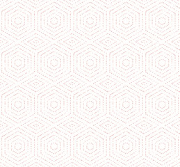 Geometric repeating pink ornament with hexagonal dotted elements. Seamless abstract modern pattern
